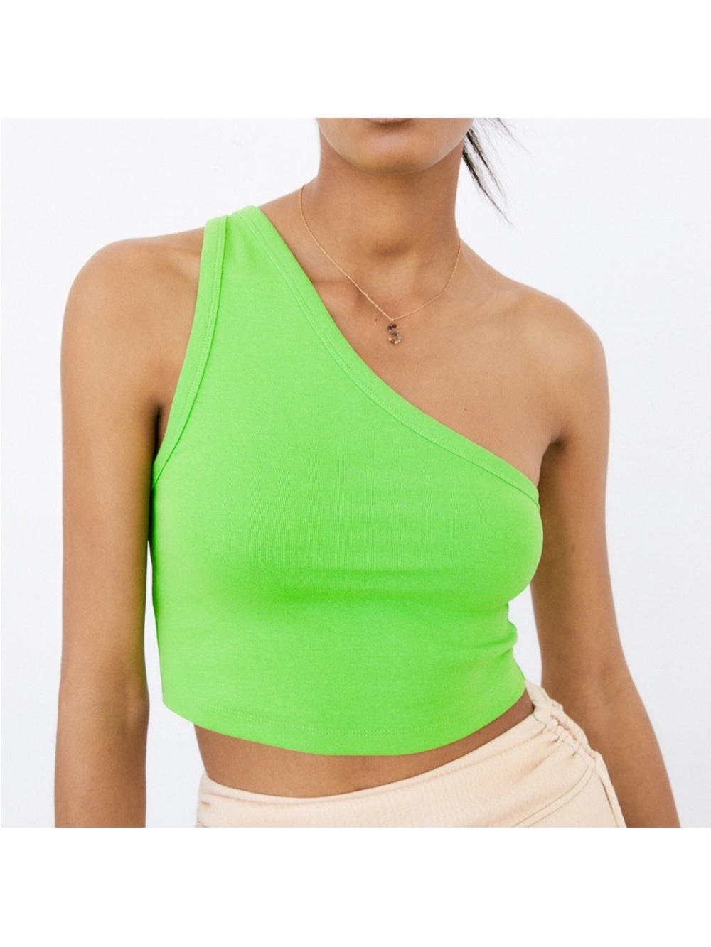 Zara Asymmetrical One-Shoulder Green Crop Tank Top Size Small